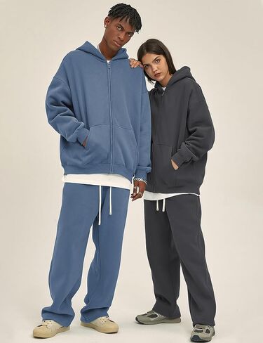 Flygo Mens Zip Up Hoodies Oversized Fleece Long Sleeve Drop Shoulder Hooded Sweatshirt Trendy Vintage Streetwear in Kuwait