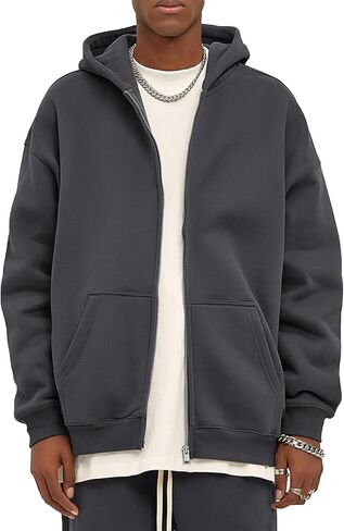 Flygo Mens Zip Up Hoodies Oversized Fleece Long Sleeve Drop Shoulder Hooded Sweatshirt Trendy Vintage Streetwear in Kuwait