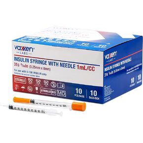 حقنة أنسولين Vaxxen Labs U-100 - 1 مل 31 جرام 1cc 5/16 بوصة (8 مم) - صندوق 100 قطعة in Kuwait