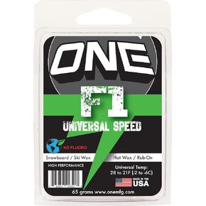 One Mfg F1 65g Universal Conditions Speed Wax-Snowboard/Ski/Nordic-Universal High-Performance, FAST + Durable- Our Factory-USA No Fluoro-Range: 28ºF to 21ºF (-2ºC to -6ºC)