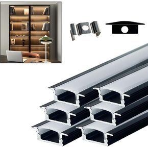 HAMRVL 6Pack 1ft/30CM Led Channel Black Recessed U Shape Led Diffuser Channel Aluminum Profile Led Strip Light Diffuser Easy Installation Extruded Alu Led Track with Milky White Led Strip Cover