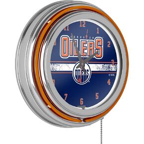 Trademark Global Neon Clock - Retro Edmonton Oilers Logo Analog Wall Clock with Pull Chain - for Kitchen, Garage, Game Room, or Home Bar