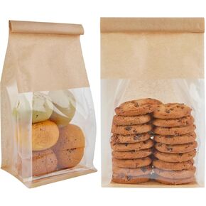 Ocmoiy 50Pcs Bakery Bags with Window, Resealable Tin Tie Tab Lock Bread Storage Bags, Clear Front Snack Bags for Packaging Cookies, Loaf, Popcorn, Paper Treat Bags
