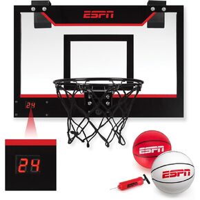ESPN Mini Basketball Hoop, Over The Door Basketball Hoop with Foldable Breakaway Rim and Ball Return, Includes 2 Mini Basketballs and Pump