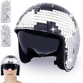 Silver Disco Ball Helmet,Mirror Disco Helmet with Retractable Visor and Silver Gloves,Disco Ball Helmet is Suitable for Party Club Decorations Novelty Gift Supplies