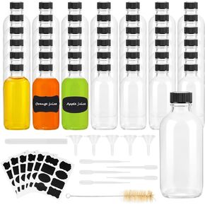 42, 4oz Small Clear Glass Bottles with Lids Boston Round Sample Bottles for Essential Oil Vanilla Hot Sauce Juice Whiskey Bourbon Liquid come with 5 Funnels,5 Droppers,48 Labels,1Brush&Chalk Marker