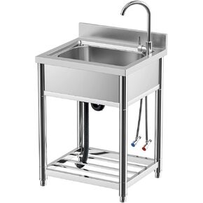 Free Standing Stainless-Steel Single Bowl, Commercial Restaurant Kitchen Sink Set w/Faucet & Drainboard, Prep & Utility Washing Hand Basin w/Workbench & Storage Shelves Indoor Outdoor (47in)