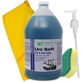 GreenFist Unisoft Kitchen Commercial Hand Dish Detergent Pot & Pan Soap Liquid [Concentrated] Light or Heavy Use (1 Gallon (w/Sponge,Pump & Towel))