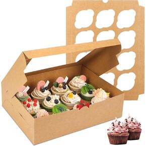 Moretoes 20 Sets Cupcake Boxes, Hold 12 Count Cupcake Containers, 13 x 10 x 3.5 Inches Brown Kraft Bakery Carrier Boxes Holders with Windows and Inserts to Hold Cupcakes, Muffins and Pastries