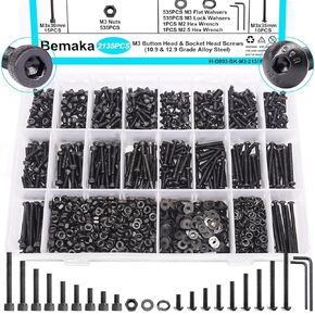 2135PCS Black M3 Metric Screw Assortment Kit, 5-35mm Button Head Screws and Socket Head Screws Bolts Nuts Washers Kit, 10.9 & 12.9 Grade Alloy Steel, M3 Bolts for 3D Printing