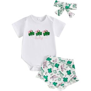 Bowanadacles Newborn Baby Girl St. Patrick's Day Clothes Outfit Four Leaf Clover Short Sleeve Romper Bottom Headband Set