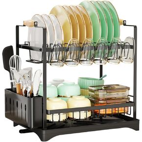 Dish Drying Rack,Black Large Capacity and Multifunctional Carbon Steel Dish Rack,2-Tier Dish Drying Rack,Rustproof Kitchen Dish Drying Rack with Drainboard,Gifts for Women,Mothers Day&Kitchen Gadgets