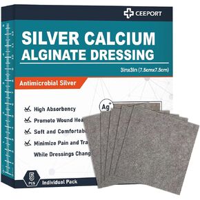 Silver Calcium Alginate Wound Dressing 3'' x 3'', 5 Individual Pack, Highly Absorbent Dressing Gauze, Soft and Comfortable Silver Dressing for Wound Care, Non Stick Pads for Wounds