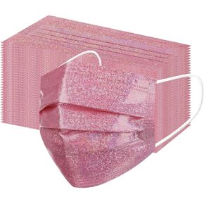 50Pack Sparkly Cute Disposable Face Masks, Pink Glitter Face Masks for Women Girls,3-Ply Soft Breathable Full Face Protection