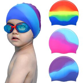 3 Pieces Kids Swim Caps Toddlers Swimming Caps Silicone Swim Cap for Boys Girls (Age 4-12) Baby Waterproof Cartoon Bathing Hats for Long and Short Hair (Rainbow Style)