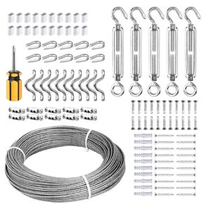 5/64 Wire Rope Kit, 164ft Vinyl Coated 304 Stainless Steel Wire Cable 1/16 Inch Overmolded to 5/64 Inch, 7×7 Strands, Turnbuckle Wire Tensioner Kit, String Lights Hanging, Clothesline