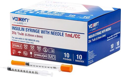 حقنة أنسولين Vaxxen Labs U-100 - 1 مل 31 جرام 1cc 5/16 بوصة (8 مم) - صندوق 100 قطعة in Kuwait