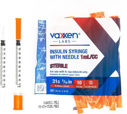 حقنة أنسولين Vaxxen Labs U-100 - 1 مل 31 جرام 1cc 5/16 بوصة (8 مم) - صندوق 100 قطعة in Kuwait
