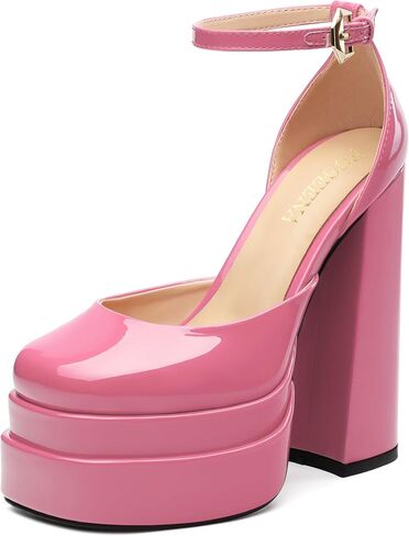 FOGEENA Red Plaid Platform Heels for Women Chunky Block Heels Closed Round Toe Ankle Strap 5.9 Inch Pumps Fashion Dating Prom Party Dress Shoes Size 8 in Saudi Arabia