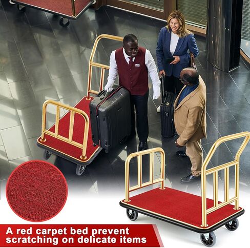 Hotel Luggage Cart Bellman's Cart Rectangular Red Carpet Base Steel Deluxe Platform Truck Gold Holds 850lbs of Luggage in Saudi Arabia