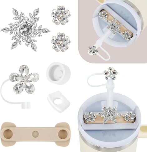 Stanley Cup Accessories Set, Including 1 Straw Cover, 1 Silicone Piece, 2 Spill Stopper, 3 Bling Decorations Compatible with Stanley Cup 40 oz H2.0 for Valentine's Day Gifts (Snowflake) in Saudi Arabia