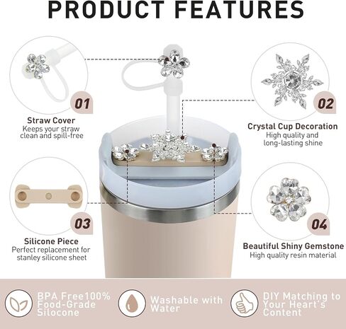 Stanley Cup Accessories Set, Including 1 Straw Cover, 1 Silicone Piece, 2 Spill Stopper, 3 Bling Decorations Compatible with Stanley Cup 40 oz H2.0 for Valentine's Day Gifts (Snowflake) in Saudi Arabia