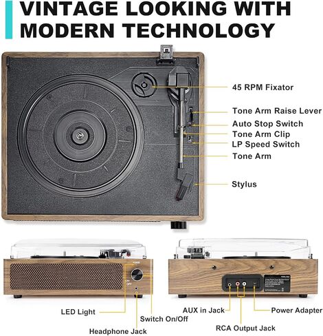 Seasonlife® Vinyl Record Player with Speakers,Wood Black Vintage Turntables | All-in-one Beginner LP Players,Retro Old-school Phonograph,Belt-Driven,3-Speed,BT Wireless Input,Headphone,AUX,RCA,Auto Stop in Saudi Arabia