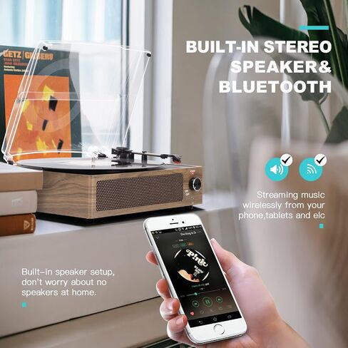 Seasonlife® Vinyl Record Player with Speakers,Wood Black Vintage Turntables | All-in-one Beginner LP Players,Retro Old-school Phonograph,Belt-Driven,3-Speed,BT Wireless Input,Headphone,AUX,RCA,Auto Stop in Saudi Arabia
