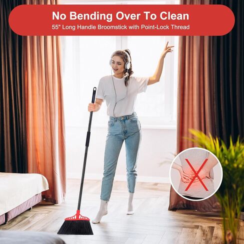 Heavy Duty Broom, Outdoor Brooms, Commercial Broom for Sweeping Indoor, Kitchen Broom with 55" Long Handle, Angle Brooms for Patio Kitchen Shop Sidewalk - Black and Red in Saudi Arabia
