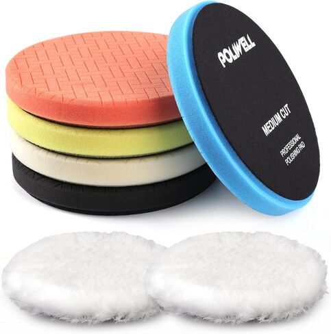 POLIWELL Buffing Polishing Pads 5 Inch, 7Pcs Buffing Sponge Pads Kit 5.5" Face for 5" Backing Plate, Compound Cutting Foam Pads, Wool Pad for Car Buffer Polisher, Compounding Polishing and Waxing in Saudi Arabia