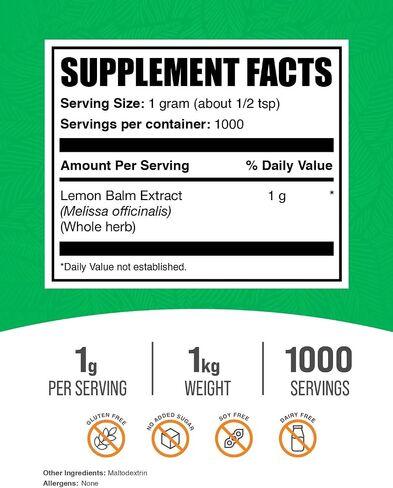 BulkSupplements.com Lemon Balm Extract Powder - Melissa Officinalis, Lemon Balm Supplement, Lemon Balm Powder - Vegan & Gluten Free, 1000mg per Serving, 500g (1.1 lbs) (Pack of 1) in Saudi Arabia