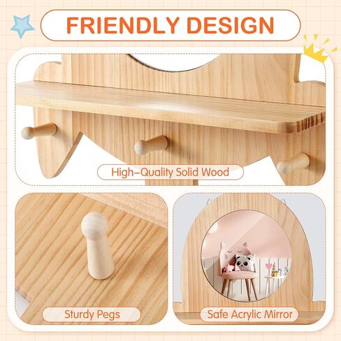 1 Set Wooden and Acrylic Wall Mirror for Toddlers, Entryway Mirror with Hooks and Shelf Organizer, Kids Safety Unbreakable Self Care Station for Classroom Bathroom, Flower Style in Saudi Arabia