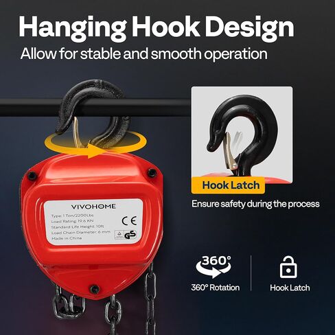 VIVOHOME Chain Hoist 3 Ton 10ft Red, Mini Chain Hoist 6600Lbs, Heavy Duty Pulley Hoist with G80 Manganese Steel Chain, Manual Chain Fall for Garages, Warehouses, and Automotive Tasks in Kuwait