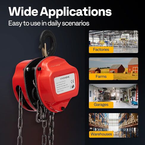 VIVOHOME Chain Hoist 3 Ton 10ft Red, Mini Chain Hoist 6600Lbs, Heavy Duty Pulley Hoist with G80 Manganese Steel Chain, Manual Chain Fall for Garages, Warehouses, and Automotive Tasks in Kuwait