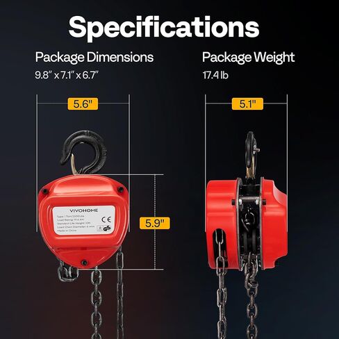VIVOHOME Chain Hoist 3 Ton 10ft Red, Mini Chain Hoist 6600Lbs, Heavy Duty Pulley Hoist with G80 Manganese Steel Chain, Manual Chain Fall for Garages, Warehouses, and Automotive Tasks in Kuwait