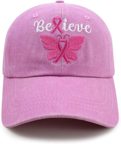 Breast Cancer Awareness Hat for Women, Adjustable Embroidered Cotton Denim Believe Pink Ribbon Butterfly Baseball Cap in Saudi Arabia