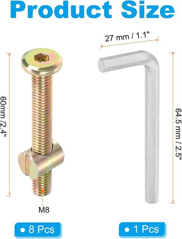 PATIKIL M8 x 50mm Bunk Bed Bolts, 8 Pack Hex Drive Socket Cap Barrel Screws Bolt Nuts Assortment Kit with 1Pcs Wrench for Furniture Bed, Zinc Color in Saudi Arabia