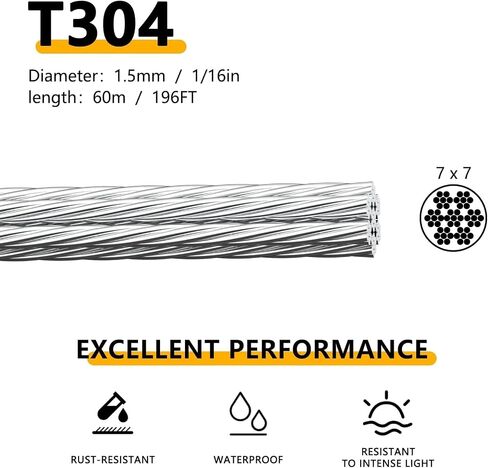 1/16 Wire Rope,1/16 Stainless Steel Wire Cable,Turnbuckles for Cables Wire,200ft 7×7 Strands Core Aircraft Cable with Turnbuckle Kit for String Light Hanging,Picture Wire Hanging,Fence Wire in Saudi Arabia