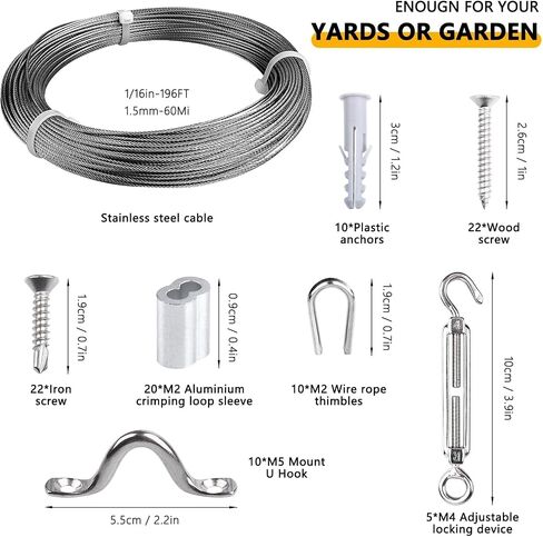 1/16 Wire Rope,1/16 Stainless Steel Wire Cable,Turnbuckles for Cables Wire,200ft 7×7 Strands Core Aircraft Cable with Turnbuckle Kit for String Light Hanging,Picture Wire Hanging,Fence Wire in Saudi Arabia