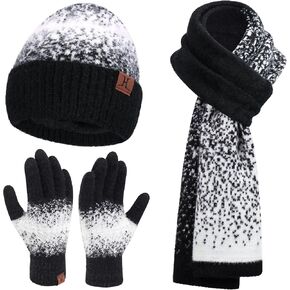 Womens Winter Knit Beanie Hats and Touchscreen Gloves Long Scarf Set with Warm Fleece Lined Skull Caps Scarves for Women