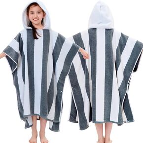 VOOVA & MOVAS Hooded Beach Towel for Big Kids | Large (8-16Years) Soft and Absorbent Cotton Poncho Towel Robe for Pool, Swim, and Bath, Tan Cabana Stripe