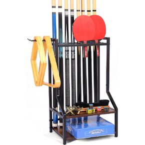 Floor Pool Cue Rack Holds 24 Cue Sticks & Pool Table Accessories, Pool Stick Holder with Ping Pong Storage, Wooden Floor Stand Pool Cue Holder for Game Room Billiard Club or Man Cave