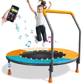 3FT Foldable Trampoline for Kids - 36" Mini Trampoline with LED Lights & Music, Indoor/Outdoor Fitness with Adjustable Handlebar, Toddler Jumping Mat, Supports Up to 150lbs