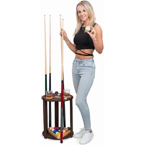 Pool Stick Holder Rack - Wooden Pool Cue Holder Floor Stand Three Legged with 2 Storage Platforms for Billiards Supplies - Holds 6 Pool Sticks for Adults - Pool Table Accessories