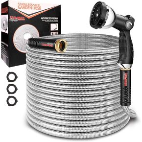 25 FT Premium Stainless Steel Metal Garden Hose – 5/8" Kink-Free, Flexible, Crush-Proof & Lightweight, with 10-Mode Spray Nozzle, Pet-Resistant, 600 PSI, 3-Year Warranty – 2025 Upgraded