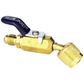 Yellow Jacket 93843 ¼" Compact Ball Valve - add to hoses for charging and recovery – 45 degree angle – ¼" F.FL. x ¼" M.FL