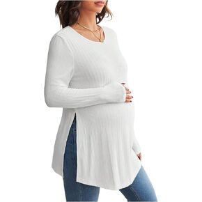 SweatyRocks Women's Maternity Long Sleeve T Shirts Crewneck Ribbed Knit Split Pregnancy Tops