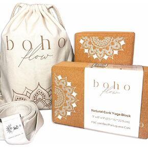 Set of 2 Cork Yoga Blocks with Strap | Eco-Friendly Yoga Accessories | 9" x 6" x 3" FSC-Certified Portuguese Cork Yoga Blocks 2 Pack | High Denisty Yoga Blocks Non-Slip & Durable | Home Yoga Equipment