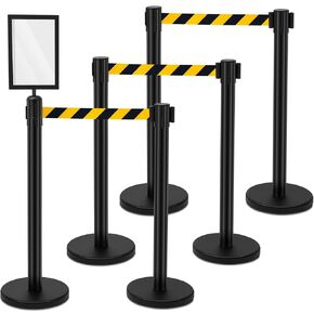 Therwen 6 Pack Heavy Duty Crowd Control Stanchions 9.8 ft Stainless Steel Stanchion Set with 6 Safety Barrier Post Retractable Belt and 1 Sign Holder Crowd Control Barrier (Black,Stripe Belt)