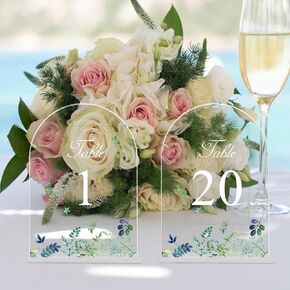 Table Numbers 1-20, 5x7 Inch Wedding Table Number for Wedding Reception 1-20, Eucalyptus Printed Clear Acrylic Table Numbers with Stands for Wedding Centerpiece Anniversary Birthday Event